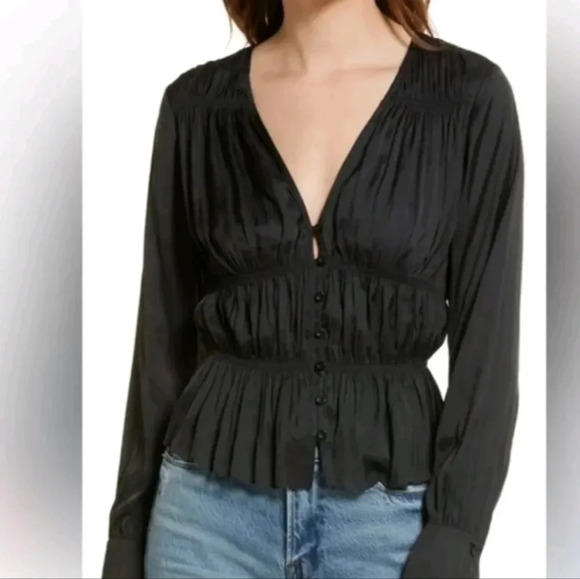 Frame shirred V neck black womens button down blouse Xsmall - Picture 1 of 9